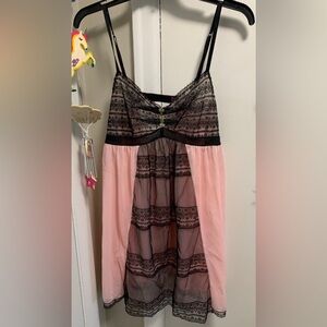Betsey Johnson Babydoll Camisole Set Pink Black Lace Floral Sheer Size L